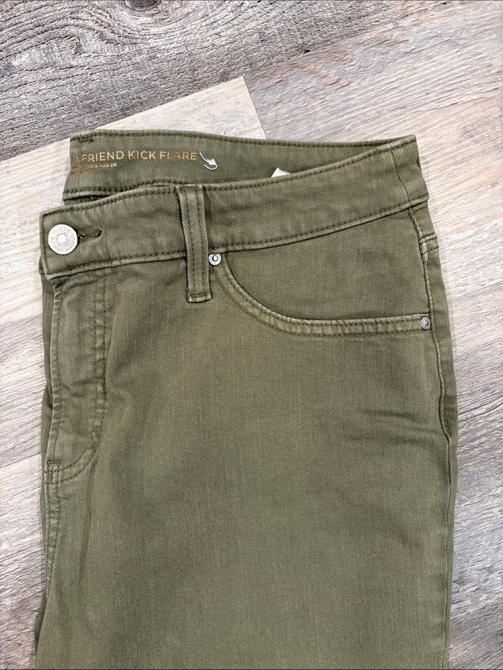 Chico's So Slimming Girlfriend Kick Flare Jeans in a khaki/olive green - Picture 11 of 11